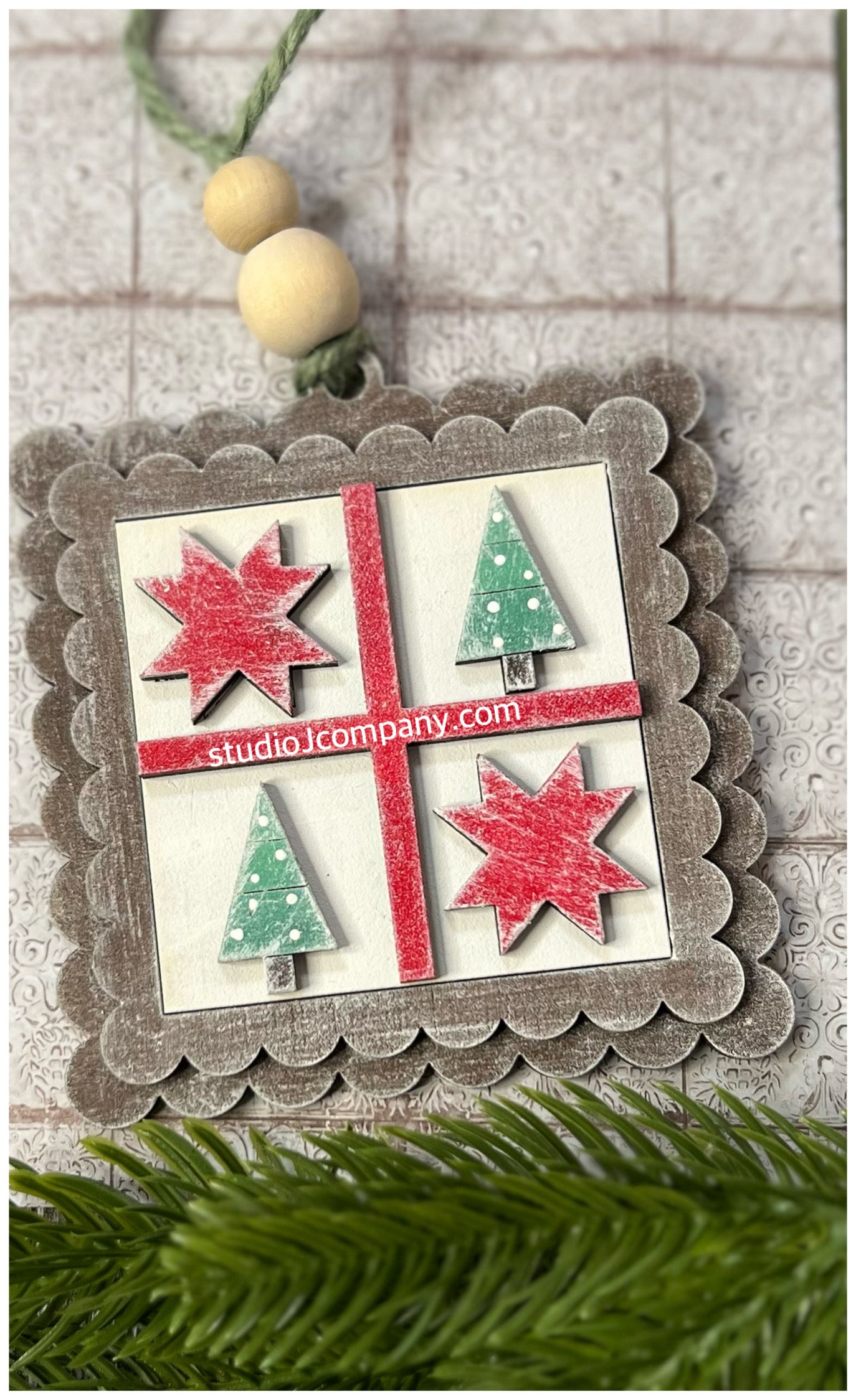 Square Scalloped Country Christmas Quilt Ornament- tree and star