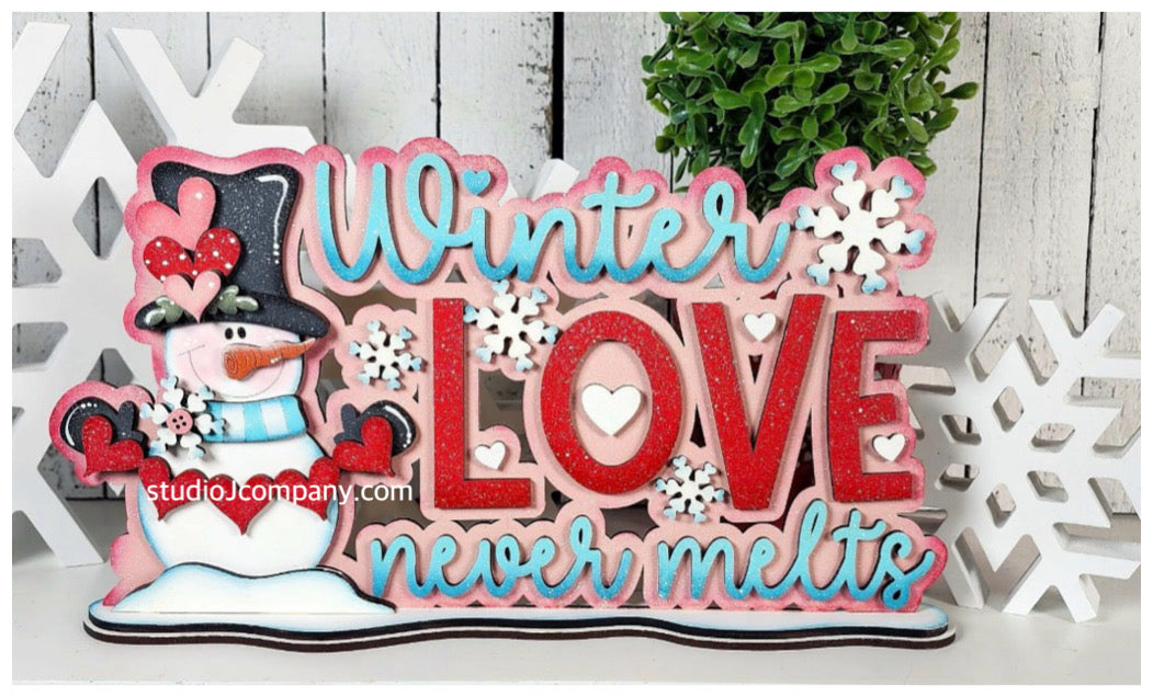 Winter Love Valentine Snowman Shelf Sitter Sign