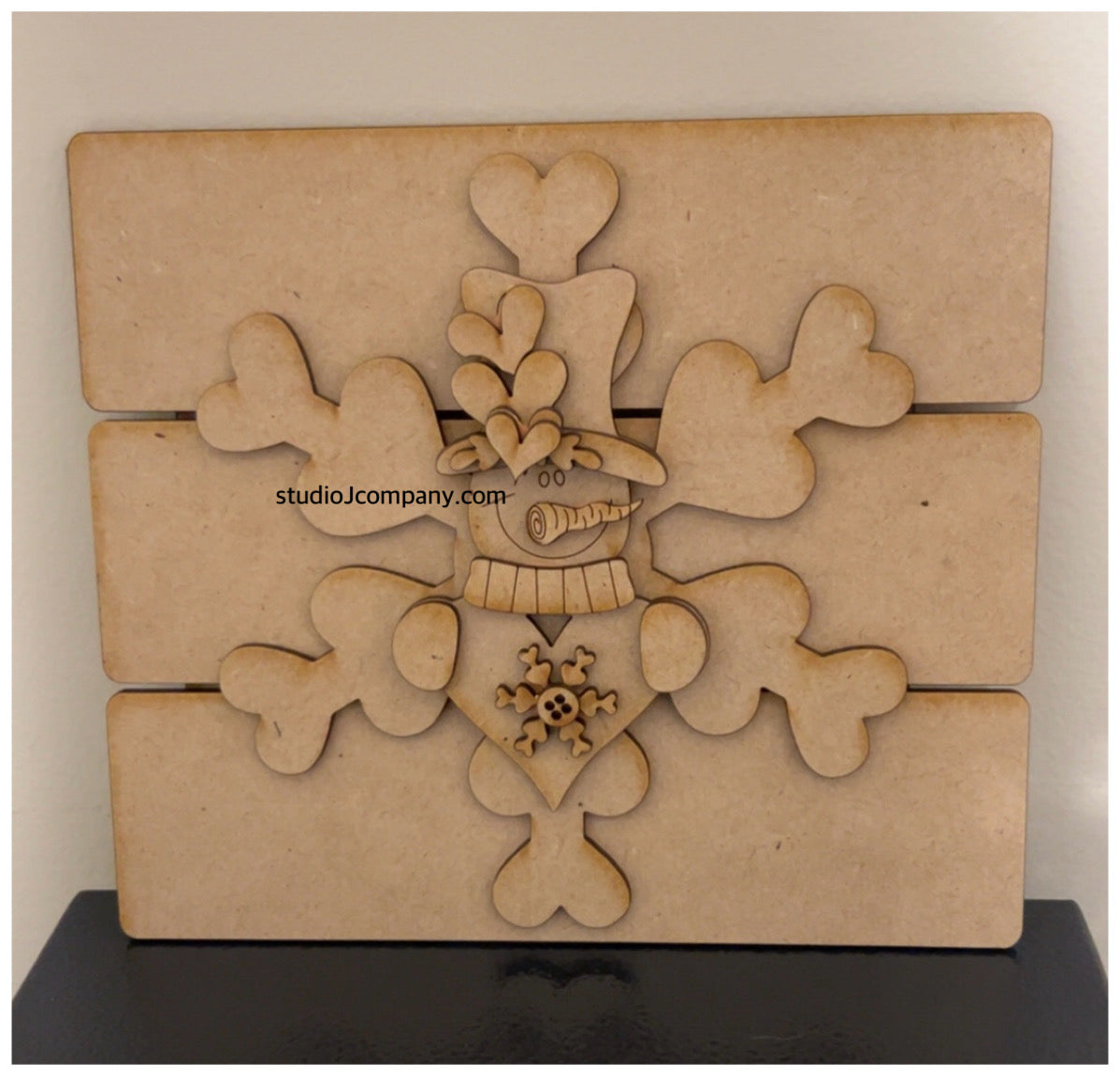 8” Layered Snowflake with Valentine Snowman on Farmhouse Slatted Base