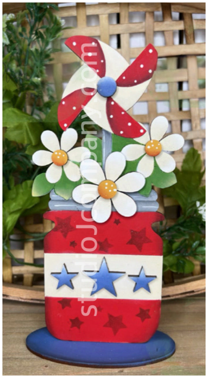 Patriotic Pinwheels and Daisies Mason Jar Shelf Sitter