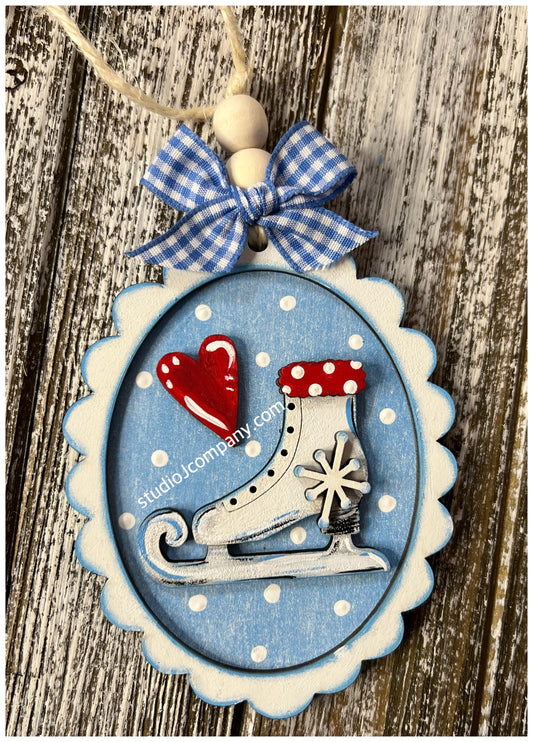 Ice Skate Layered Scalloped Oval Ornament