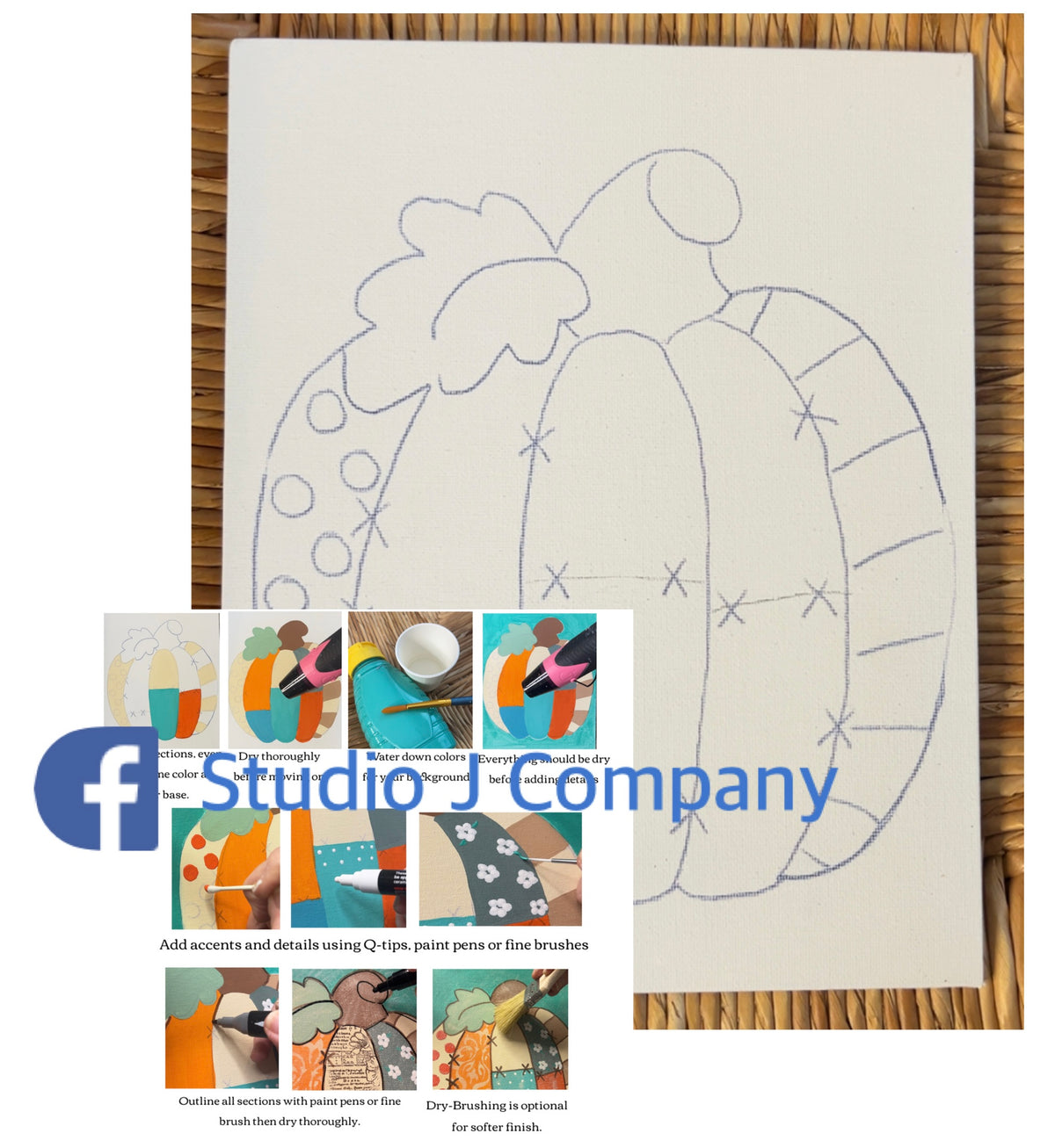 Paint Your Own Patchwork Pumpkin- pre-sketched 8x10 Canvas Panel.