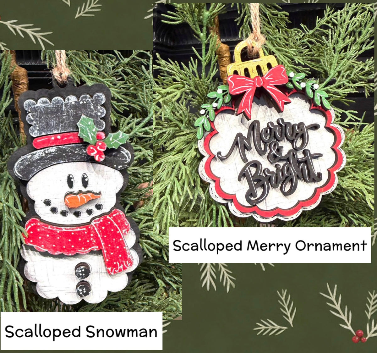 Scalloped Ornaments - 2 designs- Snowman or Merry & Bright
