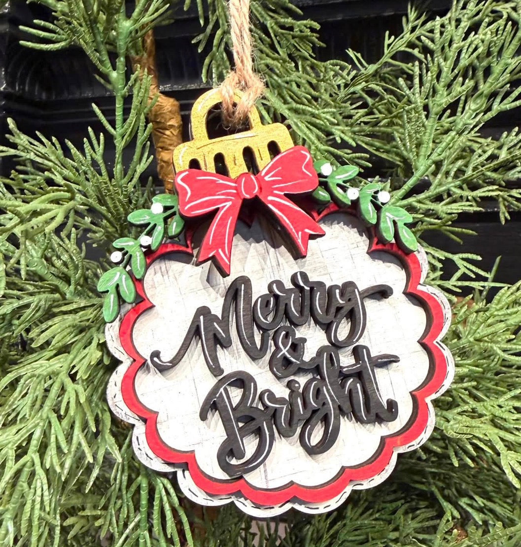 Scalloped Ornaments - 2 designs- Snowman or Merry & Bright