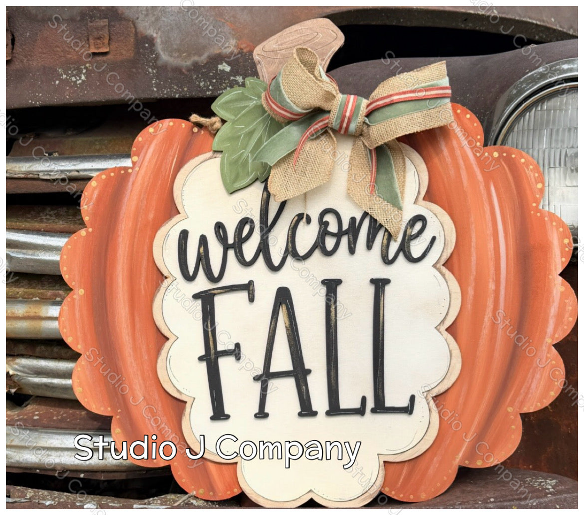scallopped fall pumpkin sign- welcome fall- diy kit- available in 3 sizes